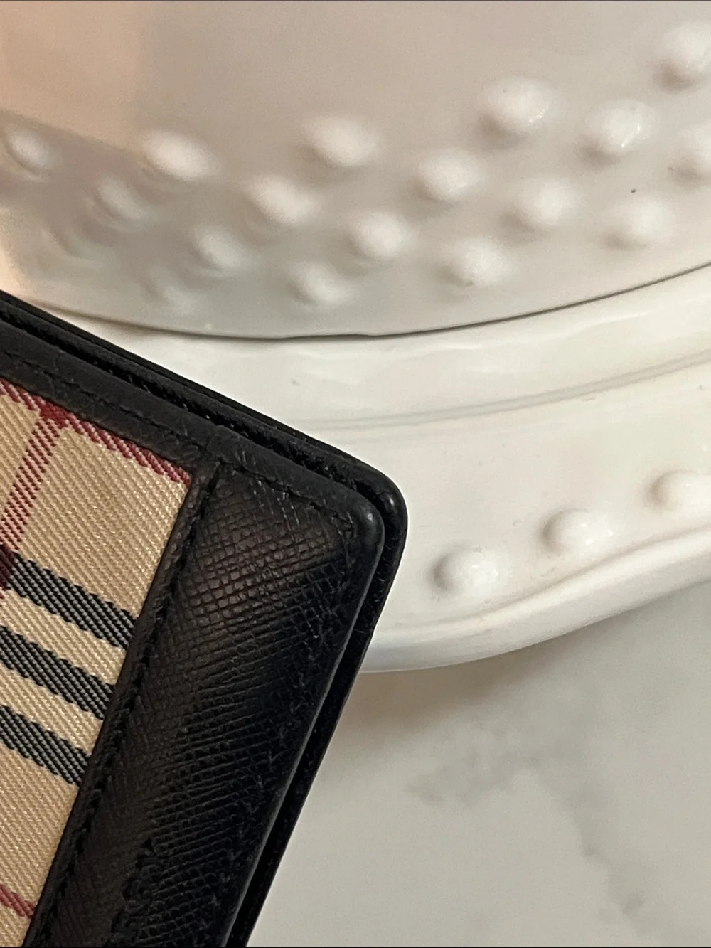 Burberry Beige Plaid Card & Key Holder with Black Trim